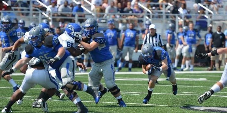 John Cooper #57 played in Faulkner’s first football game at Billy D Hilyer Stadium in 2012.