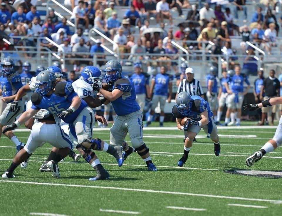 John Cooper #57 played in Faulkner’s first football game at Billy D Hilyer Stadium in 2012.