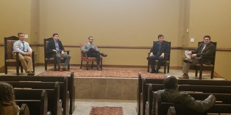 l-r- Devin Morris, Jared Kelly, Andrew Itson, Caleb Cochran and Andrew Kingsley participate in the 2021 Marketplace Faith Friday Forums. Jared Kelly is serving as a youth and family minister.