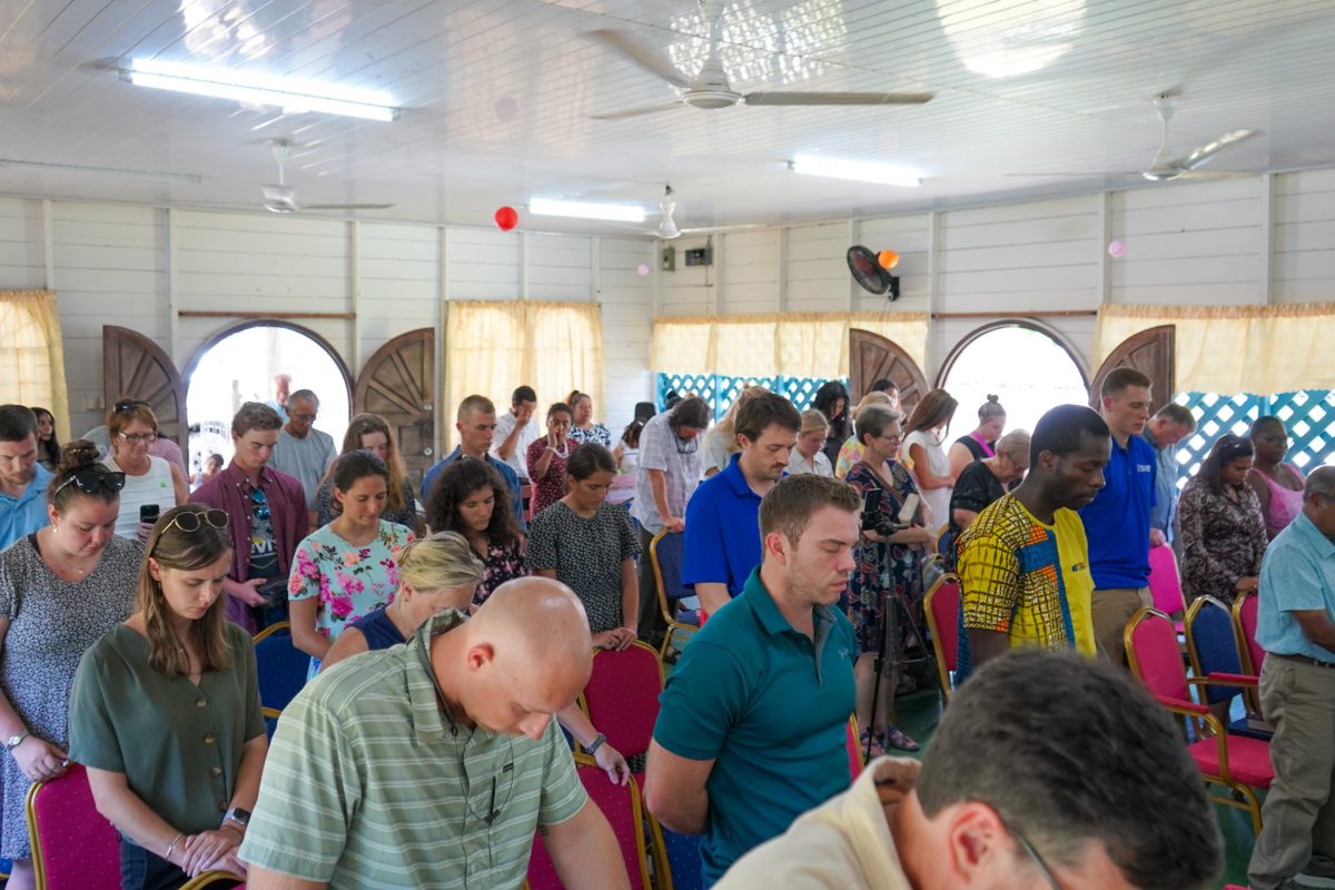 Members of the medical team from Faulkner University and University Church of Christ during worship at Industry Church of Christ in Guyana.