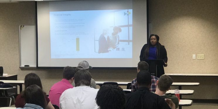 Jessica Goosby talks to students during the 2020 Marketplace Faith Friday Forums.
