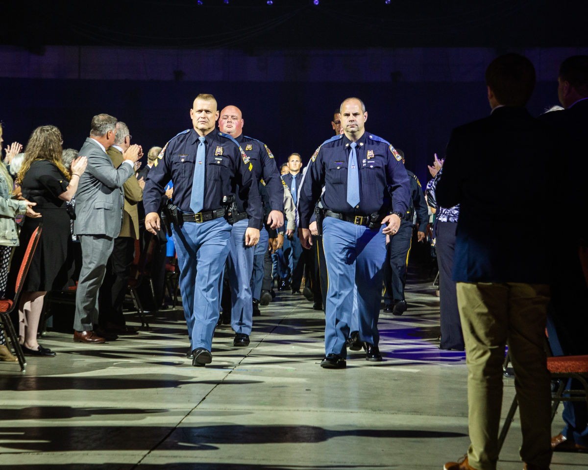 More than 150 law enforcement officers participate in the Walk of Honor during the 2022 Benefit Dinner.