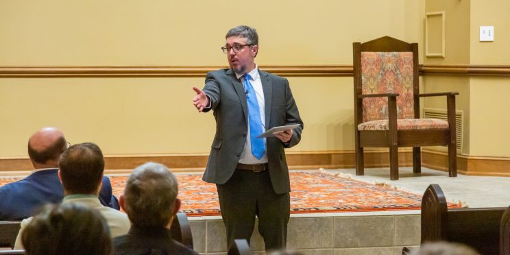 Brendan Chance speaks to faculty and students during the 2023 Marketplace Faith Friday Forums in Lester Chapel.