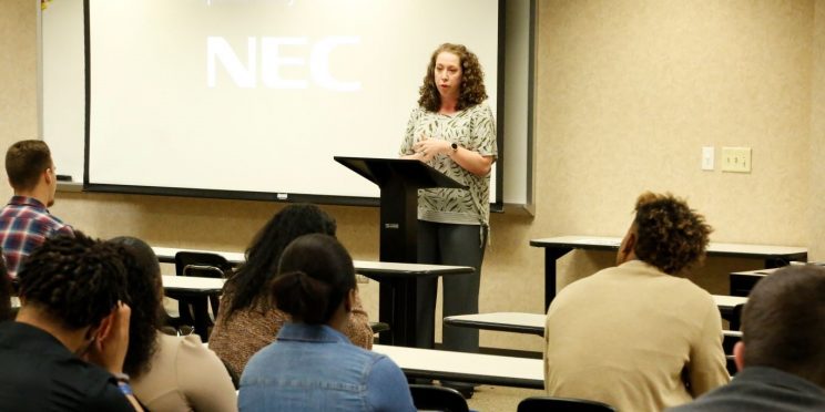 Jessica Smith speaks to students during the 2020 Marketplace Faith Friday Forums.