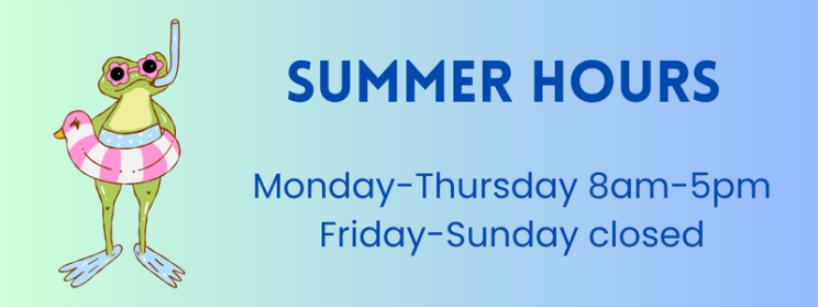 Gus Nichols Library Summer Hours Monday to Thursday 8 am to 5 pm, Friday-Sunday Closed