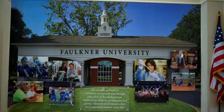 A mural on one of the walls in the Harris College of Business depicts the Faulkner front entrance.
