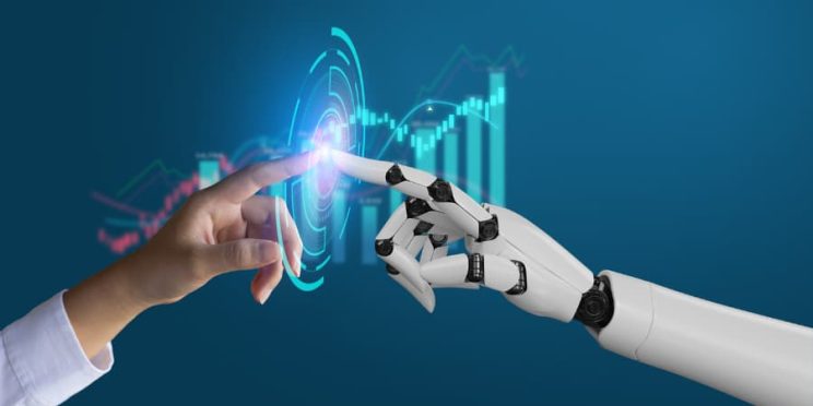 Human hand touching robot hand